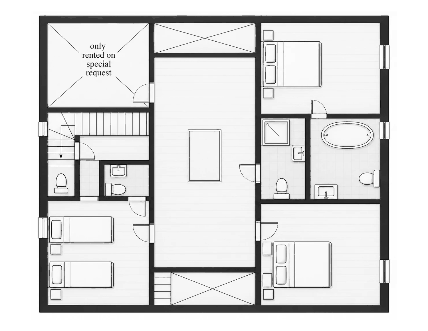First floor plan with bedrooms, bathrooms and a room let only on special request