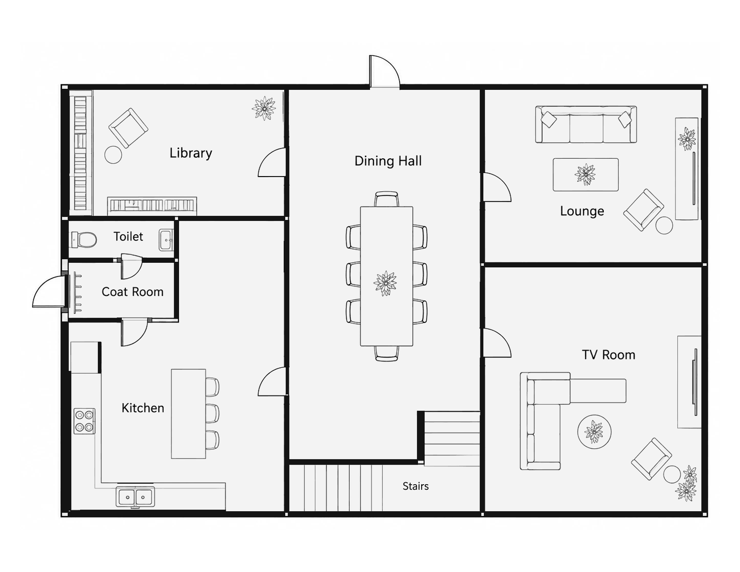 Ground floor plan: library, dining hall, lounge, TV room, kitchen, toilet, coat room and stairs