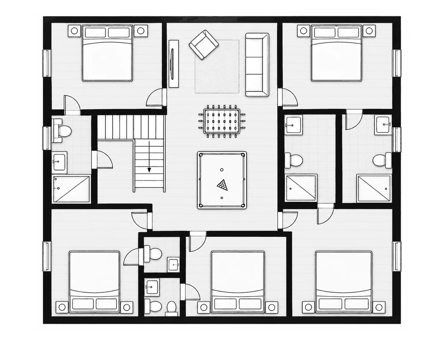 Second floor plan with four bedrooms, bathrooms and a games landing with a pool table and table football