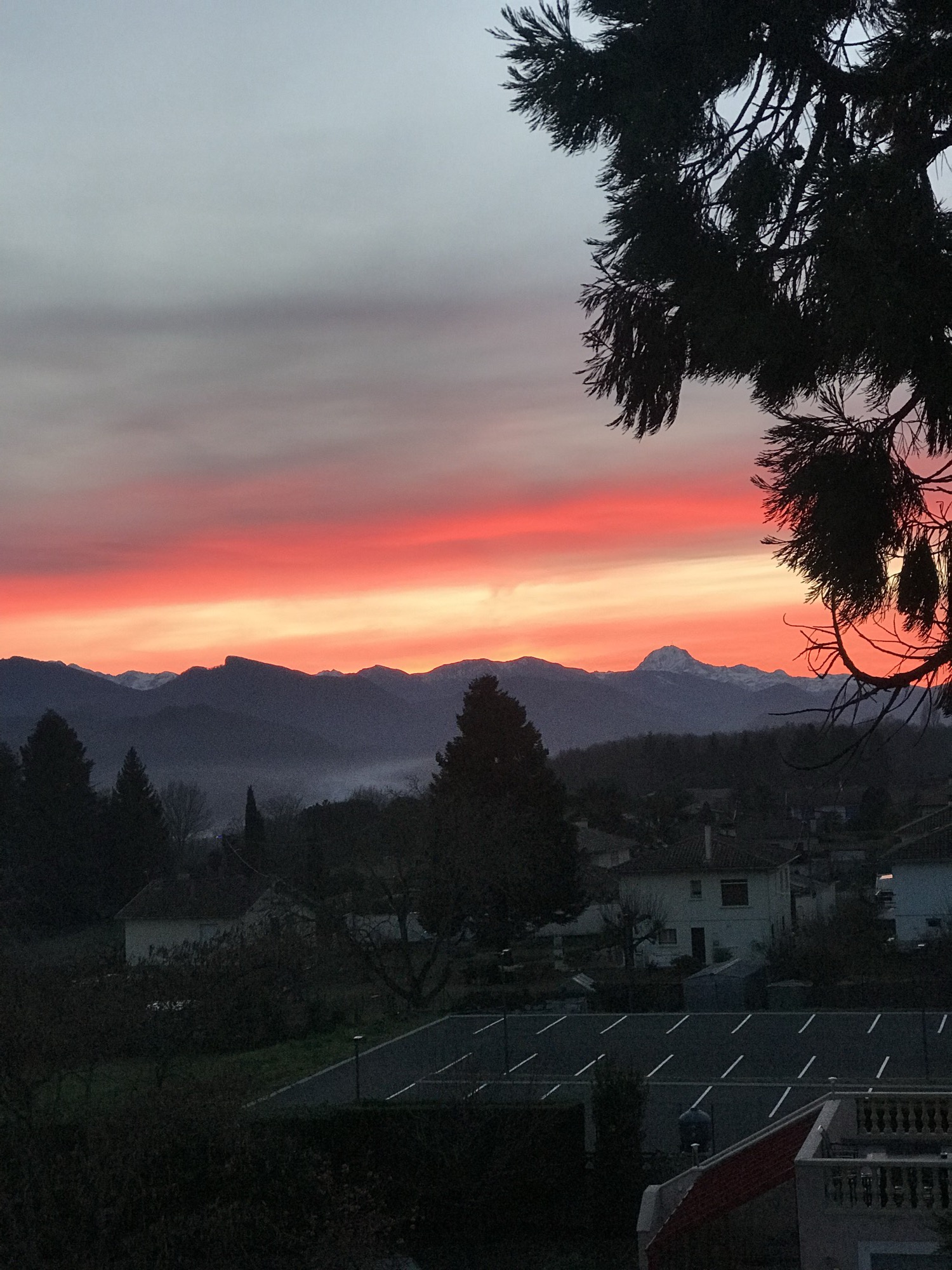 The sun setting in a band of red behind the Pyrenees, with pines in the foreground